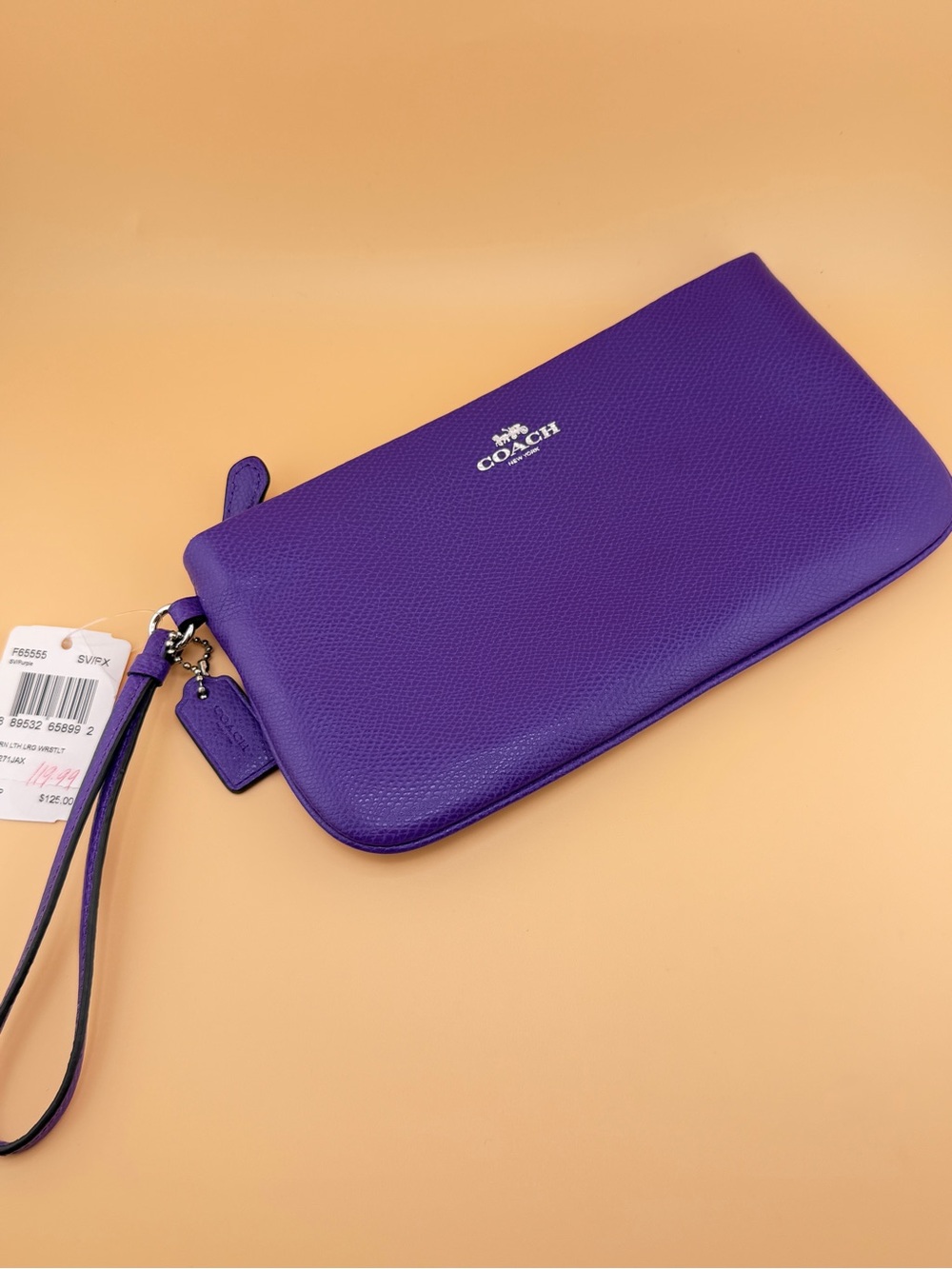NWT Coach Purple Crossgrain Leather Wristlet Clutch with Silver Hardware #F65555